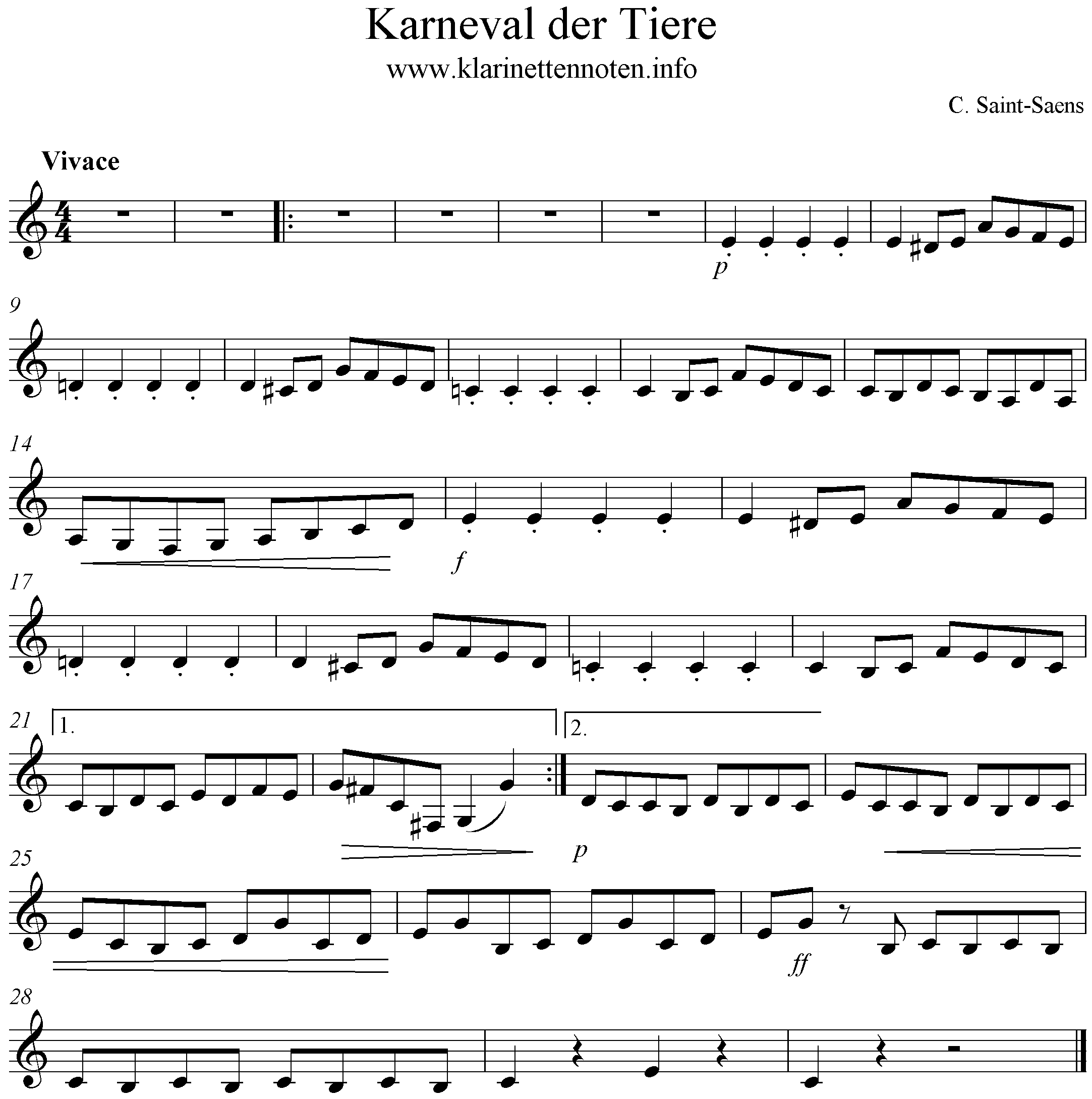 Freesheet Music , Score Carnival Of The Animals for Clarinet Beginners, Klarinette Anfänger
